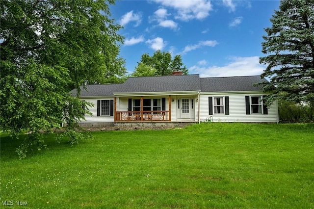 6111 State Route 82, Hiram, OH 44234 - ranch-style home featuring a front lawn, covered porch, and a chimney