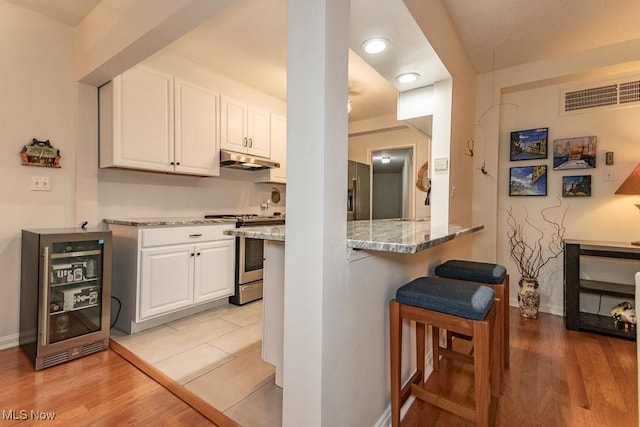 13800 Fairhill Rd Unit 206, Shaker Heights, OH 44120 - kitchen featuring stainless steel appliances, under cabinet range hood, a kitchen breakfast bar, white cabinets, and light stone counters
