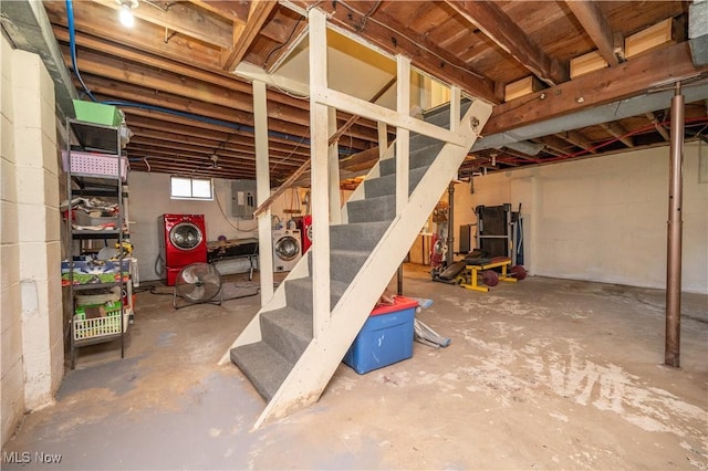 1432 Maxwell Ave NW, Warren, OH 44485 - basement featuring stairs, washer and clothes dryer, and electric panel