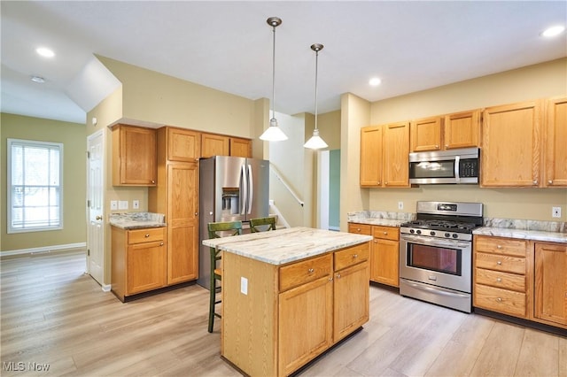 2683 High Hampton Trl, Cuyahoga Falls, OH 44223 - kitchen with stainless steel appliances, light wood-style floors, a kitchen island, pendant lighting, and recessed lighting