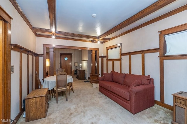 11604 Thornwood Ave, Cleveland, OH 44108 - living area featuring light carpet, beam ceiling, and ornamental molding