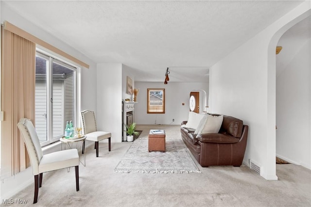 3568 Peninsula Dr, Coventry, OH 44319 - living area with arched walkways, carpet floors, a glass covered fireplace, and a textured ceiling