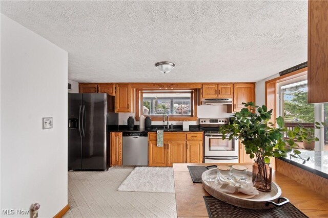 3568 Peninsula Dr, Coventry, OH 44319 - kitchen featuring stainless steel appliances, under cabinet range hood, brown cabinets, a textured ceiling, and light colored carpet
