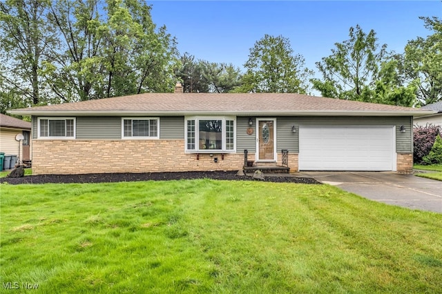 840 Twilight Dr, Seven Hills, OH 44131 - ranch-style house with an attached garage, driveway, a front lawn, stone siding, and a chimney