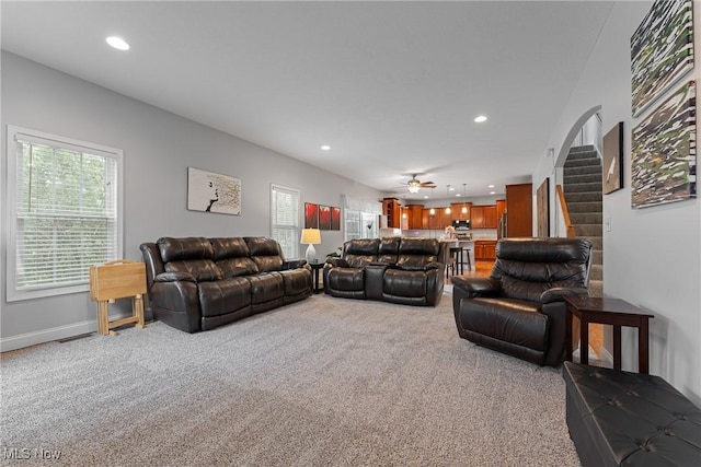 905 Braemar Cir, North Canton, OH 44720 - carpeted living room with recessed lighting and ceiling fan