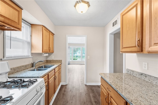 907 Hillsdale Ave, Parma, OH 44134 - kitchen featuring white gas range, dark wood-style floors, a textured ceiling, and light stone countertops