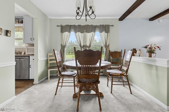 1114 Beechwood Rd, Salem, OH 44460 - dining area with a chandelier, beamed ceiling, and carpet