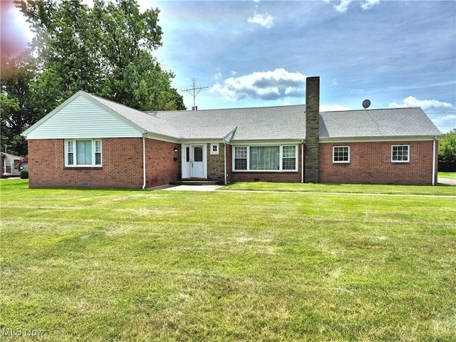 3218 Overlook Dr NE, Warren, OH 44483 - ranch-style home featuring brick siding, a front lawn, and a chimney