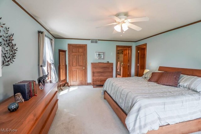 3020 Crookston Ln, Clinton, OH 44216 - bedroom featuring light carpet, crown molding, and ceiling fan