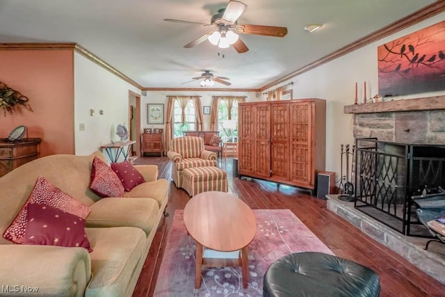 3020 Crookston Ln, Clinton, OH 44216 - living room with ornamental molding, wood finished floors, a ceiling fan, and a fireplace