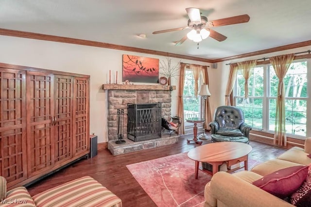 3020 Crookston Ln, Clinton, OH 44216 - living area with ceiling fan, crown molding, a fireplace, healthy amount of natural light, and wood finished floors