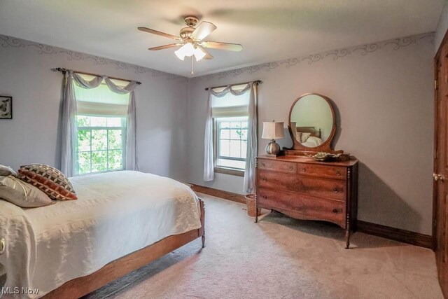 3020 Crookston Ln, Clinton, OH 44216 - bedroom featuring light carpet and a ceiling fan