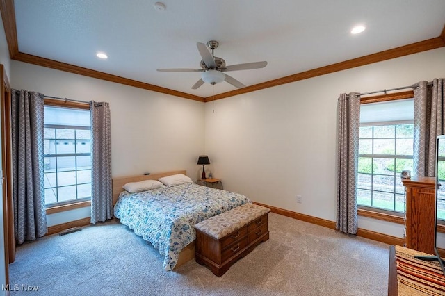 116 Falling Waters Dr, Vienna, WV 26105 - bedroom with light colored carpet, multiple windows, recessed lighting, ornamental molding, and ceiling fan