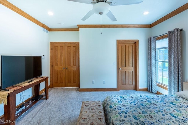 116 Falling Waters Dr, Vienna, WV 26105 - bedroom featuring carpet floors, crown molding, ceiling fan, and recessed lighting