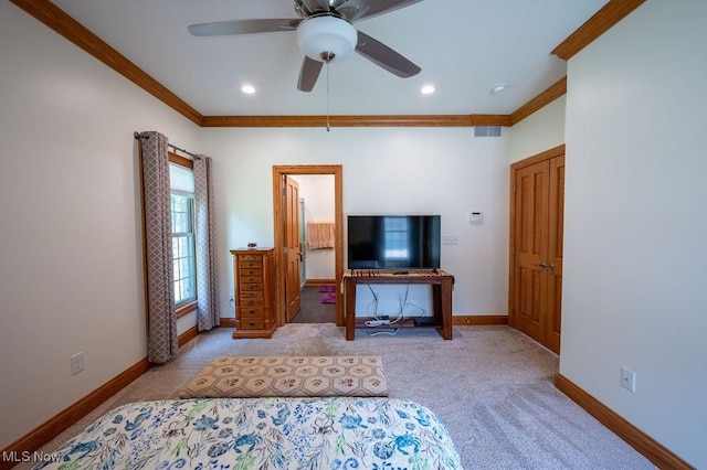 116 Falling Waters Dr, Vienna, WV 26105 - bedroom featuring ornamental molding, carpet flooring, recessed lighting, and ceiling fan