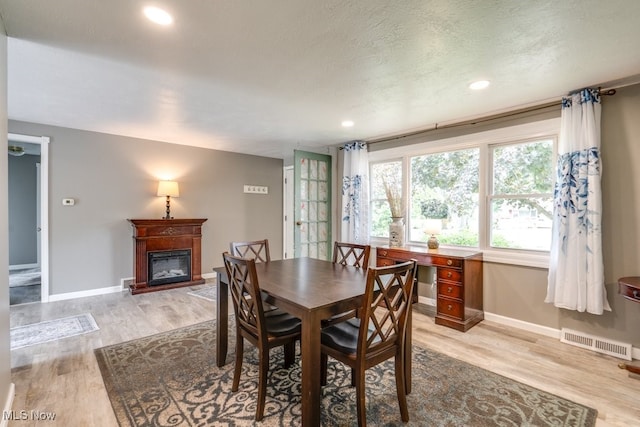 1260 Pleasant Ridge St SE, Minerva, OH 44657 - dining space with light wood-style floors, a glass covered fireplace, and recessed lighting