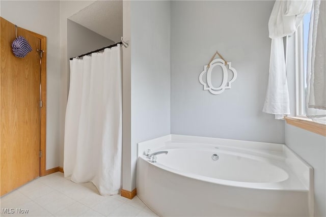 7287 Fayette Blvd, Chippewa Lake, OH 44215 - bathroom with a bath, a shower with curtain, and tile patterned floors