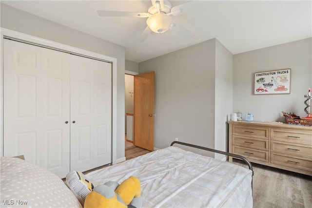 7287 Fayette Blvd, Chippewa Lake, OH 44215 - bedroom featuring wood finished floors, a closet, and a ceiling fan