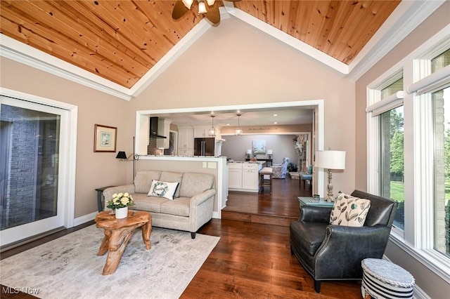 5277 Foxchase Ave NW, Canton, OH 44718 - living area with a ceiling fan, wood ceiling, high vaulted ceiling, dark wood-type flooring, and crown molding