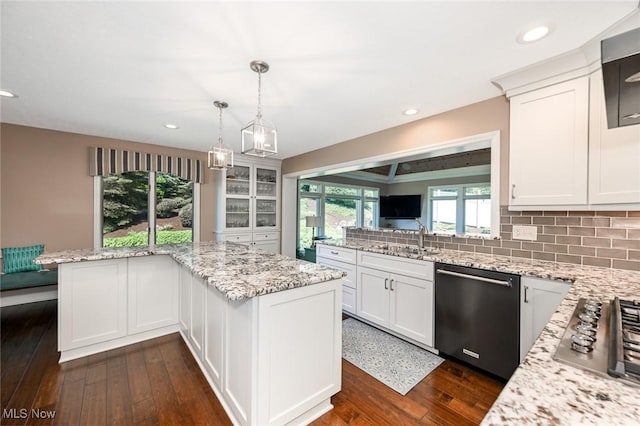 5277 Foxchase Ave NW, Canton, OH 44718 - kitchen featuring dishwashing machine, stainless steel gas cooktop, white cabinetry, light stone counters, and recessed lighting