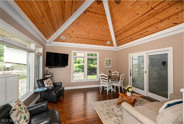 5277 Foxchase Ave NW, Canton, OH 44718 - living area featuring a wood ceiling with exposed beams, hardwood / wood-style flooring, ornamental molding, and high vaulted ceiling