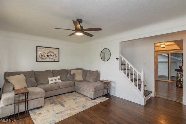 29123 Homewood Dr, Wickliffe, OH 44092 - living area with a ceiling fan, wood finished floors, and stairs
