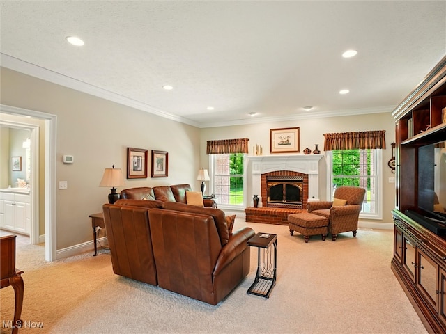 4440 Rutledge Ave, Ashtabula, OH 44004 - living room featuring light carpet, recessed lighting, a brick fireplace, and crown molding