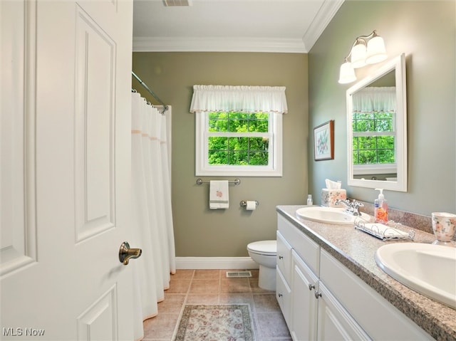 4440 Rutledge Ave, Ashtabula, OH 44004 - bathroom with healthy amount of natural light, double vanity, ornamental molding, tile patterned flooring, and a shower with shower curtain