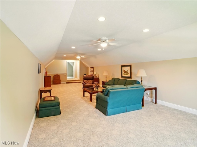 4440 Rutledge Ave, Ashtabula, OH 44004 - living area with vaulted ceiling, carpet floors, ceiling fan, and recessed lighting