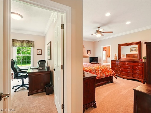 4440 Rutledge Ave, Ashtabula, OH 44004 - carpeted bedroom with ornamental molding, a desk, recessed lighting, and ensuite bath