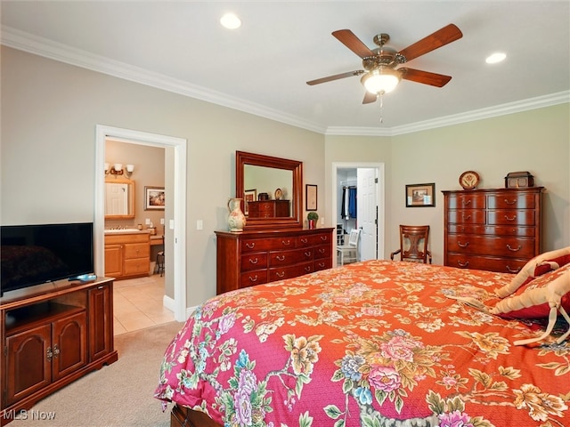 4440 Rutledge Ave, Ashtabula, OH 44004 - bedroom featuring crown molding, light tile patterned floors, ensuite bath, light colored carpet, and recessed lighting