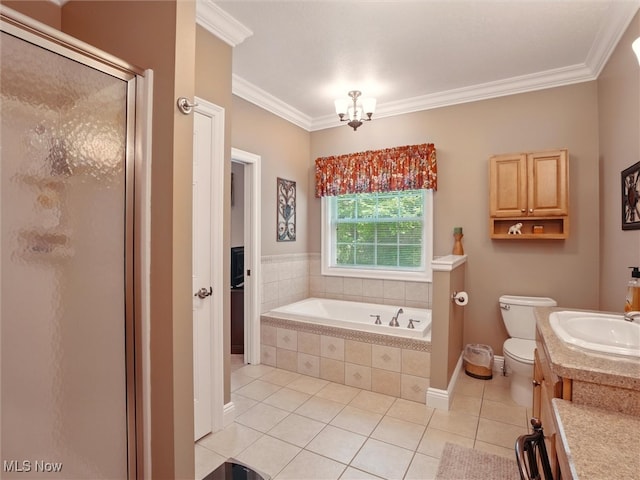 4440 Rutledge Ave, Ashtabula, OH 44004 - bathroom with tile patterned floors, a shower stall, crown molding, vanity, and a garden tub
