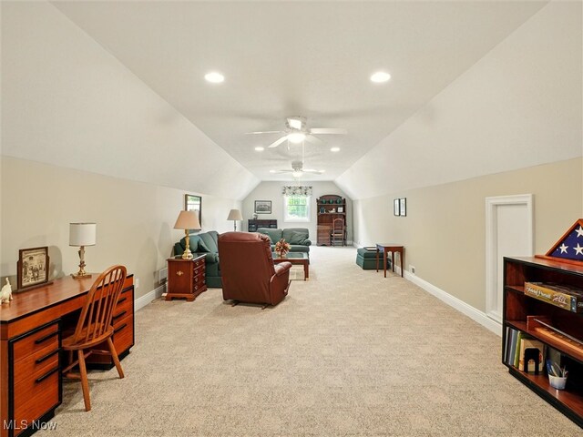 4440 Rutledge Ave, Ashtabula, OH 44004 - office featuring light carpet, vaulted ceiling, recessed lighting, and ceiling fan