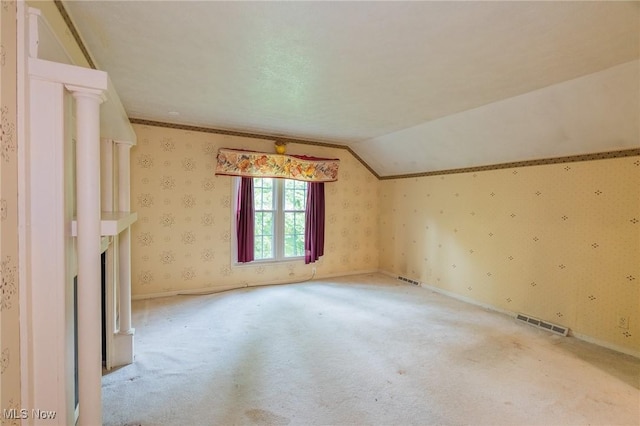 34112 Chagrin Blvd Unit 7106, Moreland Hills, OH 44022 - unfurnished living room with carpet flooring, wallpapered walls, and vaulted ceiling