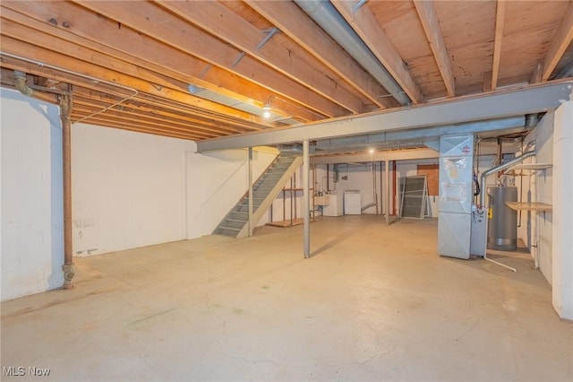 34112 Chagrin Blvd Unit 7106, Moreland Hills, OH 44022 - unfinished below grade area with water heater, stairs, washer / dryer, and heating unit