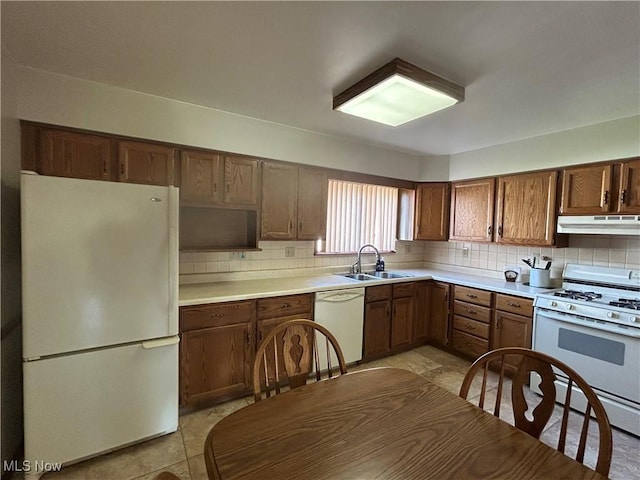 145 Marcia Dr, Austintown, OH 44515 - kitchen with white appliances, under cabinet range hood, decorative backsplash, light countertops, and brown cabinetry