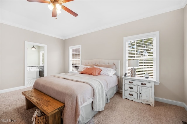 2940 Londonbury St NW, Uniontown, OH 44685 - bedroom featuring light colored carpet, ornamental molding, connected bathroom, and ceiling fan