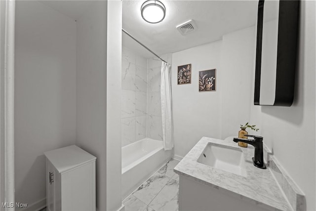 85 Pocantico Ave, Akron, OH 44312 - full bath featuring marble look tile flooring, vanity, and shower / bath combination with curtain