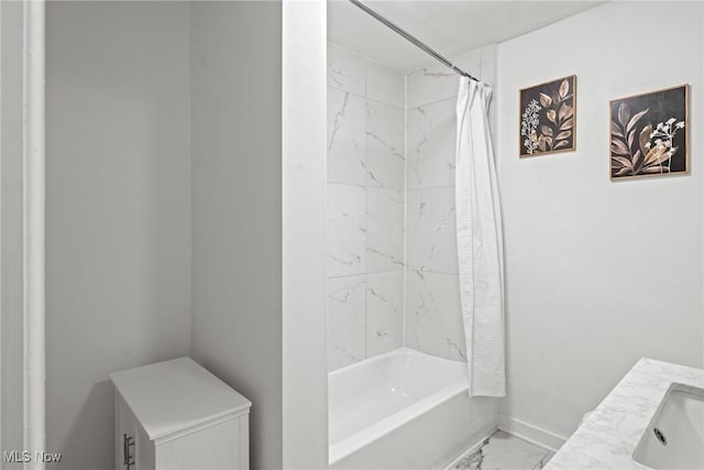85 Pocantico Ave, Akron, OH 44312 - bathroom featuring marble finish floors, shower / bathtub combination with curtain, and vanity