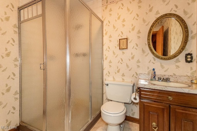 13228 Boulder, Chesterland, OH 44026 - bathroom with wallpapered walls, vanity, and a stall shower
