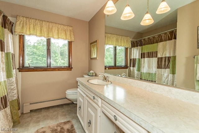 13228 Boulder, Chesterland, OH 44026 - bathroom featuring baseboard heating, vanity, and curtained shower