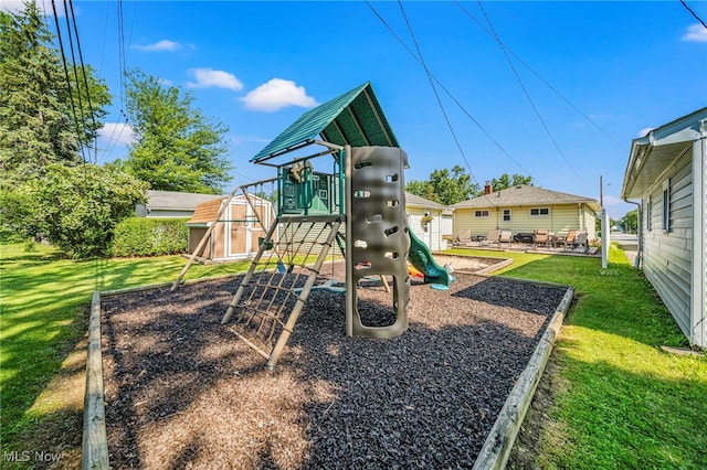 28666 Forest Rd, Willowick, OH 44095 - view of jungle gym with a yard and a storage shed