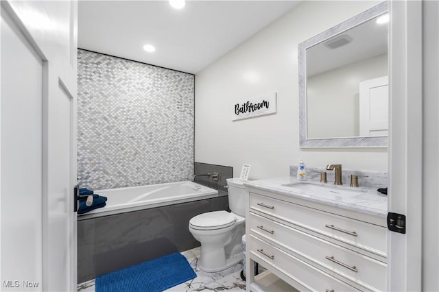 5111 N Myers Rd, Geneva, OH 44041 - bathroom with marble finish flooring, a bath, vanity, and recessed lighting