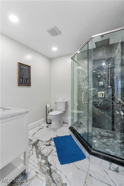 5111 N Myers Rd, Geneva, OH 44041 - full bath with marble finish flooring, a marble finish shower, recessed lighting, and vanity