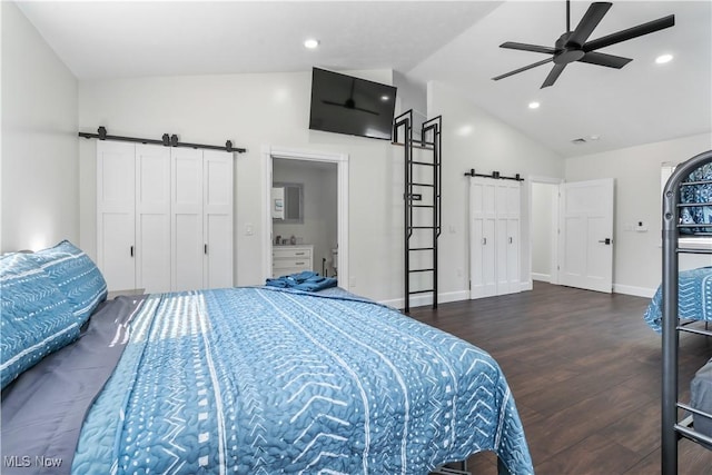 5111 N Myers Rd, Geneva, OH 44041 - bedroom featuring a barn door, vaulted ceiling, dark wood-type flooring, recessed lighting, and a ceiling fan