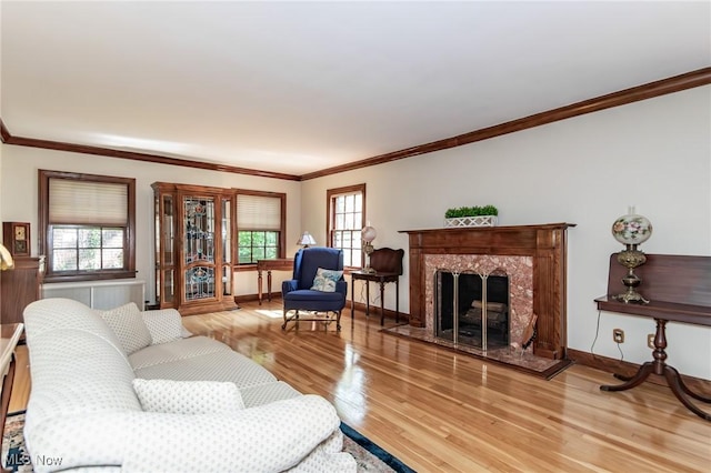 3336 Daleford Rd, Shaker Heights, OH 44120 - living room with light wood-style floors, ornamental molding, and a fireplace