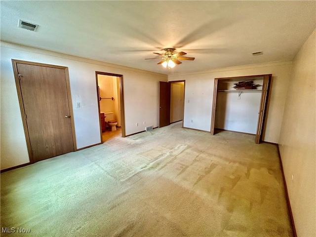 930 Pearson Cir Unit 4, Youngstown, OH 44512 - unfurnished bedroom featuring crown molding, light carpet, ceiling fan, and connected bathroom