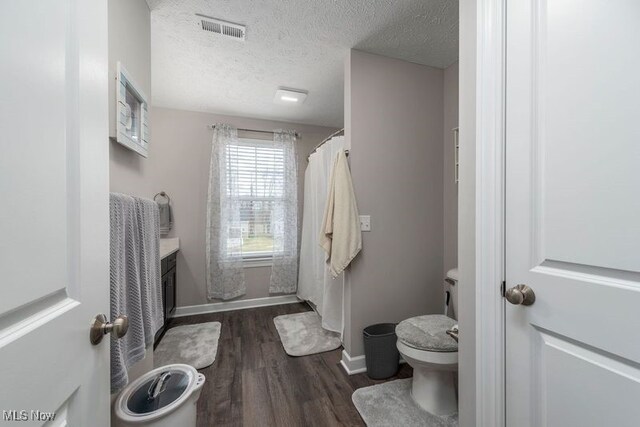 12187 Bexley Dr, Grafton, OH 44044 - bathroom featuring wood finished floors, a textured ceiling, a shower with shower curtain, and vanity