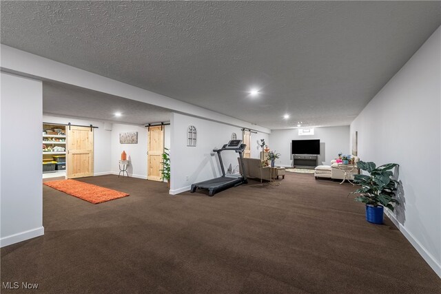 12187 Bexley Dr, Grafton, OH 44044 - workout area featuring a barn door, carpet floors, a textured ceiling, and recessed lighting