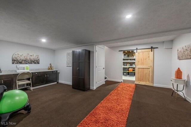 12187 Bexley Dr, Grafton, OH 44044 - workout room with a barn door, dark carpet, a textured ceiling, and recessed lighting